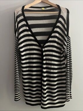 FARM RIO black and white striped cardigan, crochet knit tunic